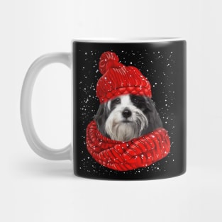 Tibetan Terrier Wearing Red Hat And Scarf Christmas Mug